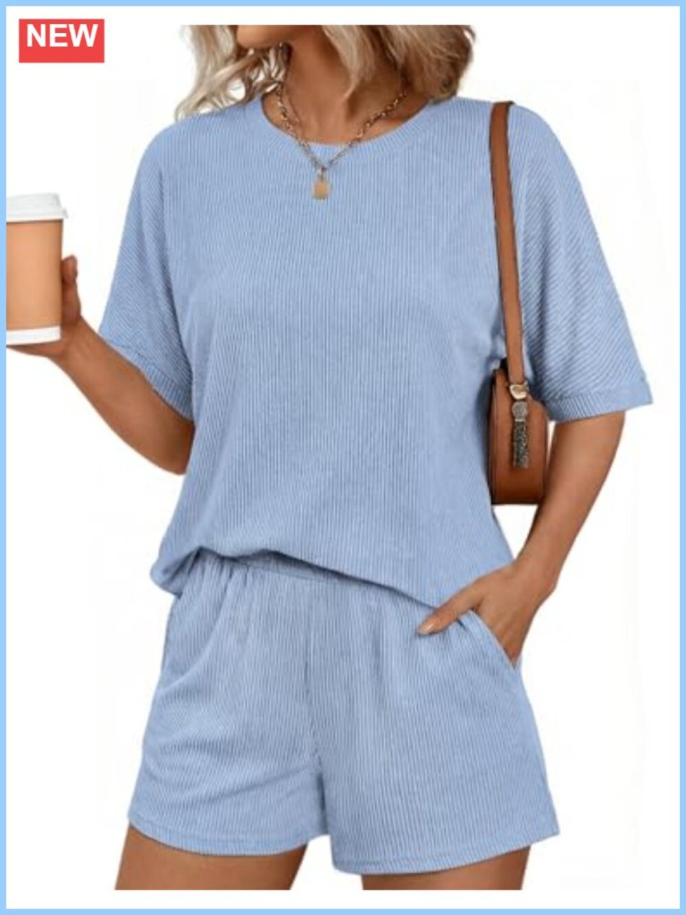 Ribbed Knit Two Piece Lounge Set Short Sleeve Top & Shorts